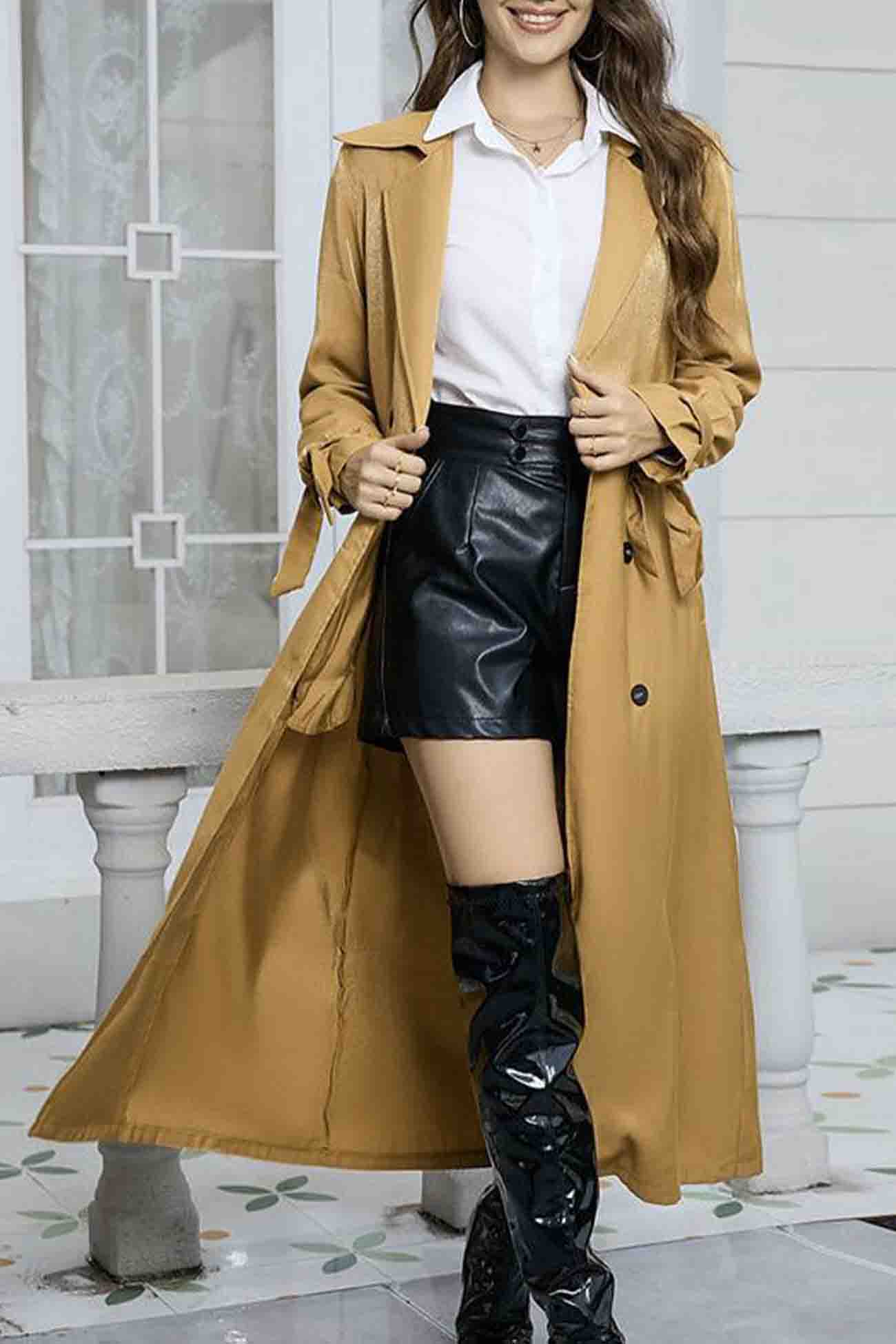 Anja® | Double-breasted trench coat with lapels and strappy pattern