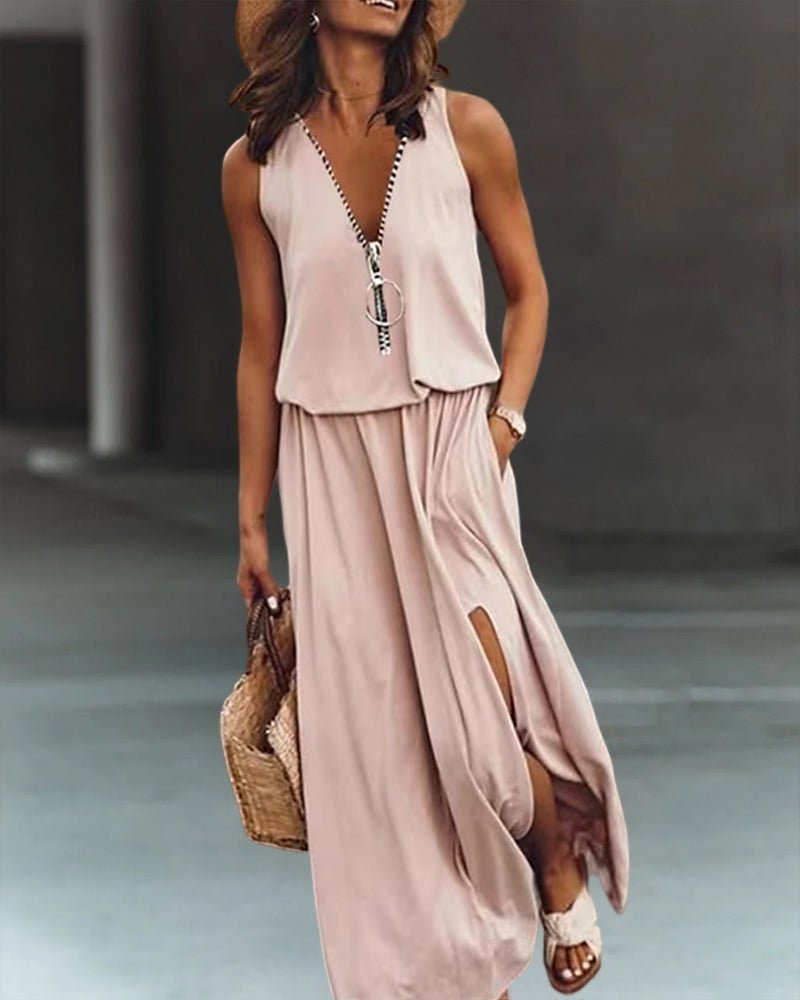 Adalgisa® | Elegant Cotton Mix Zip Dress With Slit