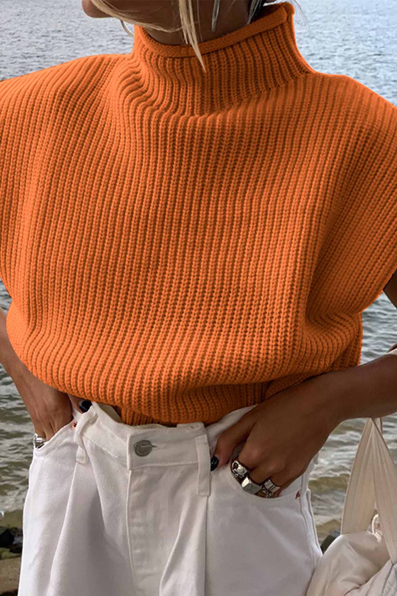 Cristina® | Solid Mock Neck Sleeveless Sweater