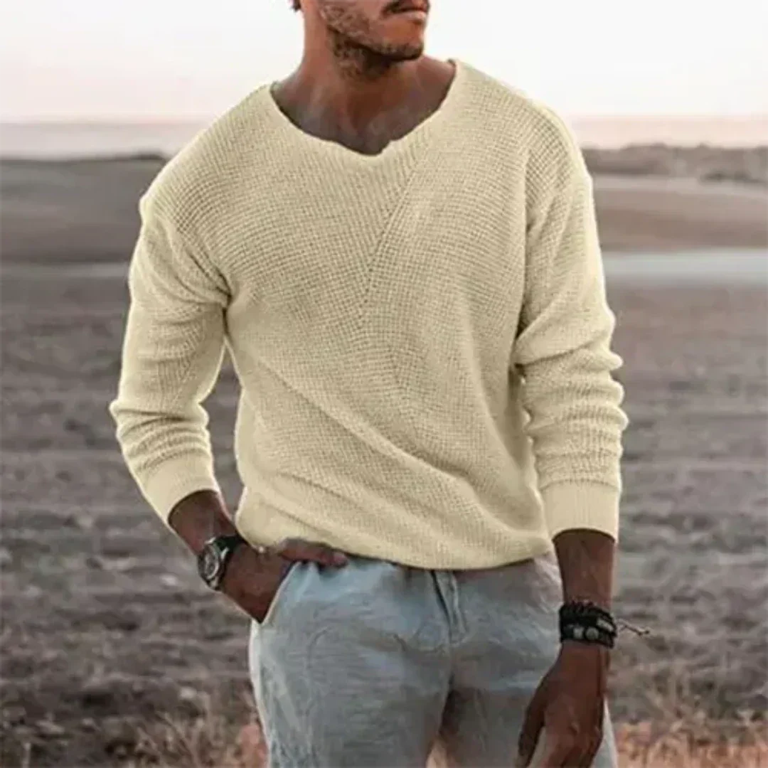 Men’s Pullover Sweater – Relaxed Fit – Soft Knit – V-Neck – Ribbed Cuffs