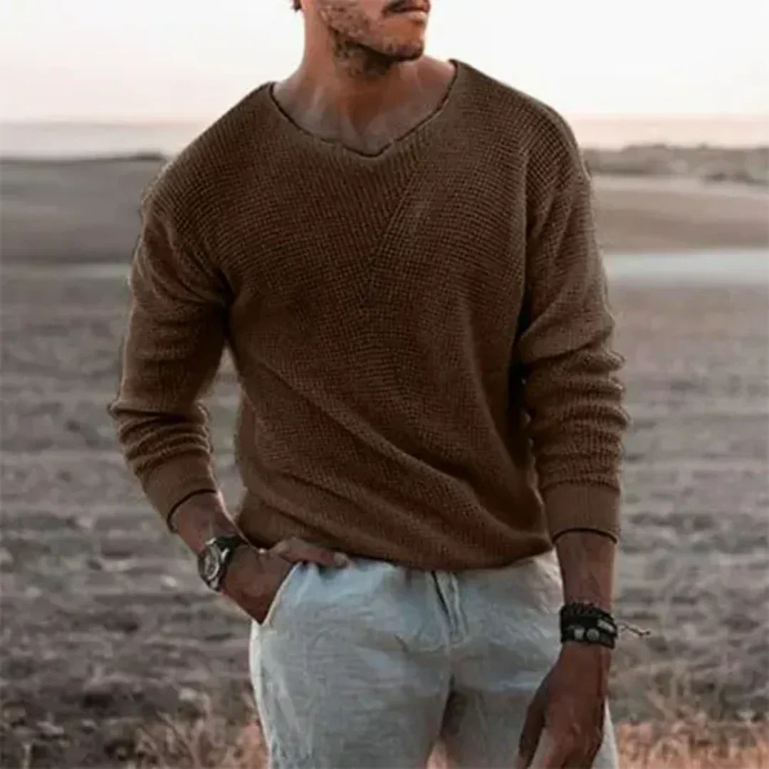 Men’s Pullover Sweater – Relaxed Fit – Soft Knit – V-Neck – Ribbed Cuffs