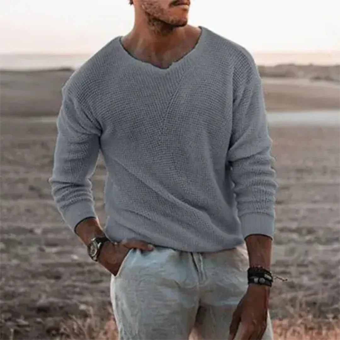 Men’s Pullover Sweater – Relaxed Fit – Soft Knit – V-Neck – Ribbed Cuffs