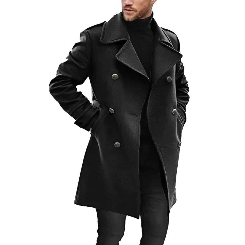 Men’s Mid-Length Coat – Tailored Fit – Double-Breasted Wool – Formal Style