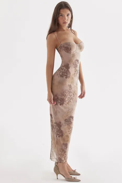 Charlene | Elegant Sheer Maxi Dress in Earthy Tones