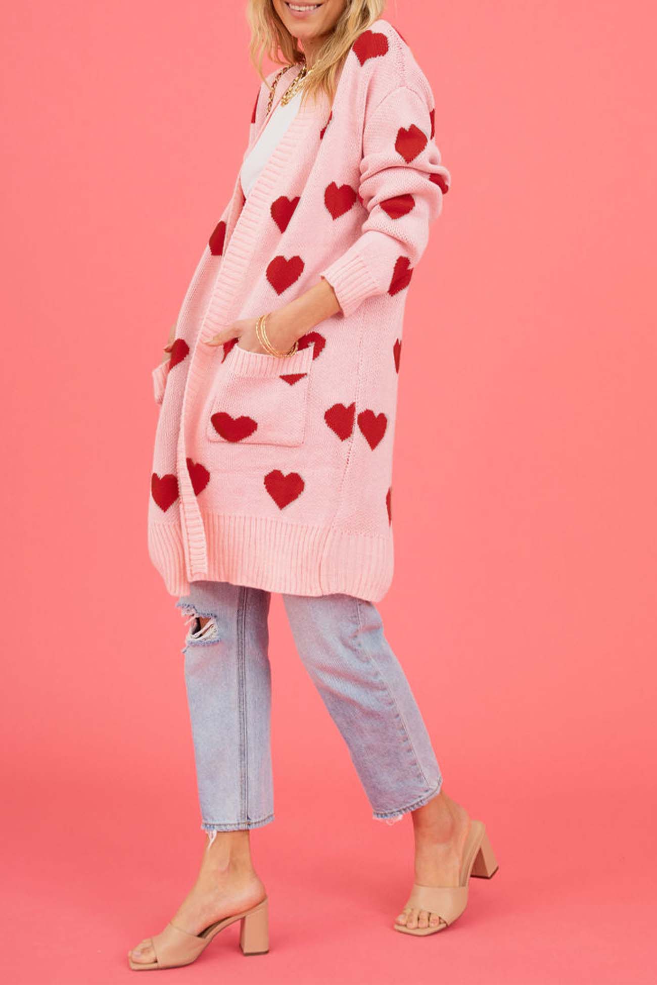 Berta® | Heart Open Front Pocket Long Cardigan