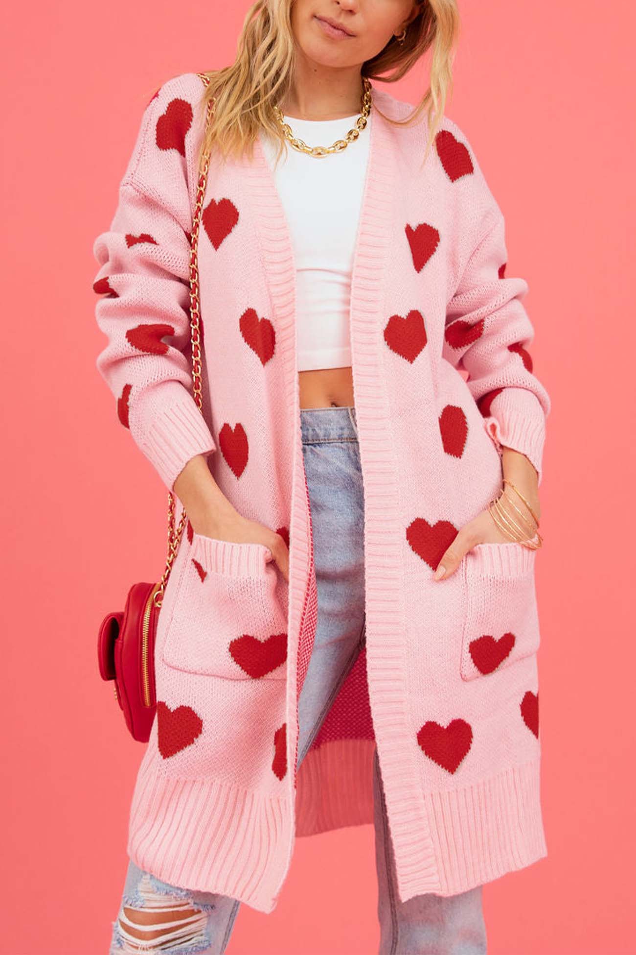 Berta® | Heart Open Front Pocket Long Cardigan