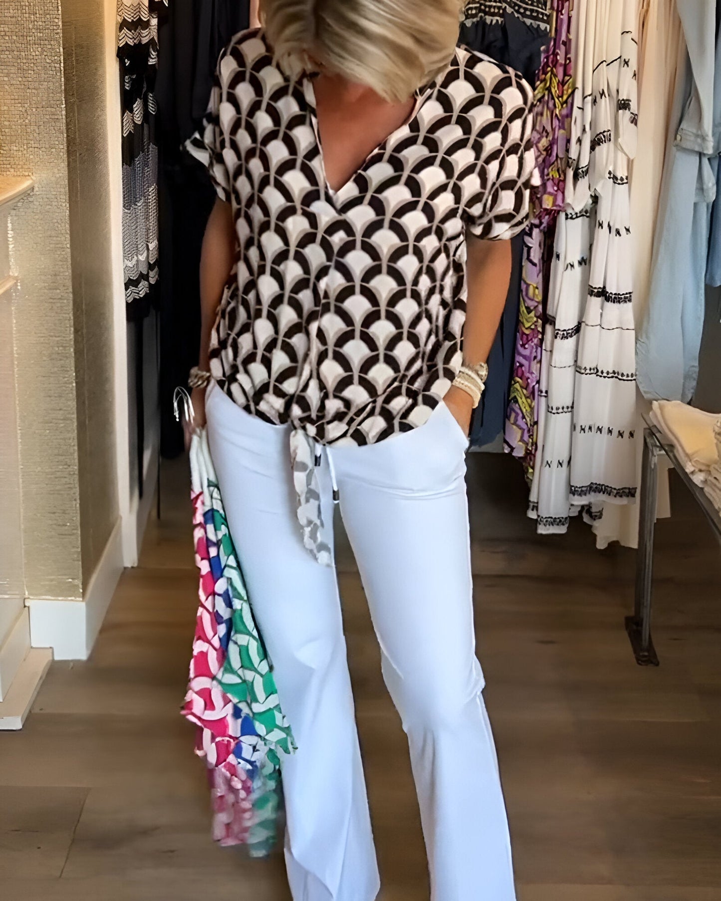 Breayle® | Printed Short Sleeve Blouse With V-Neck