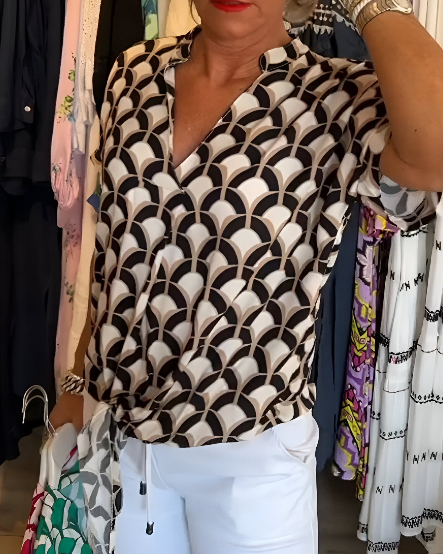 Breayle® | Printed Short Sleeve Blouse With V-Neck