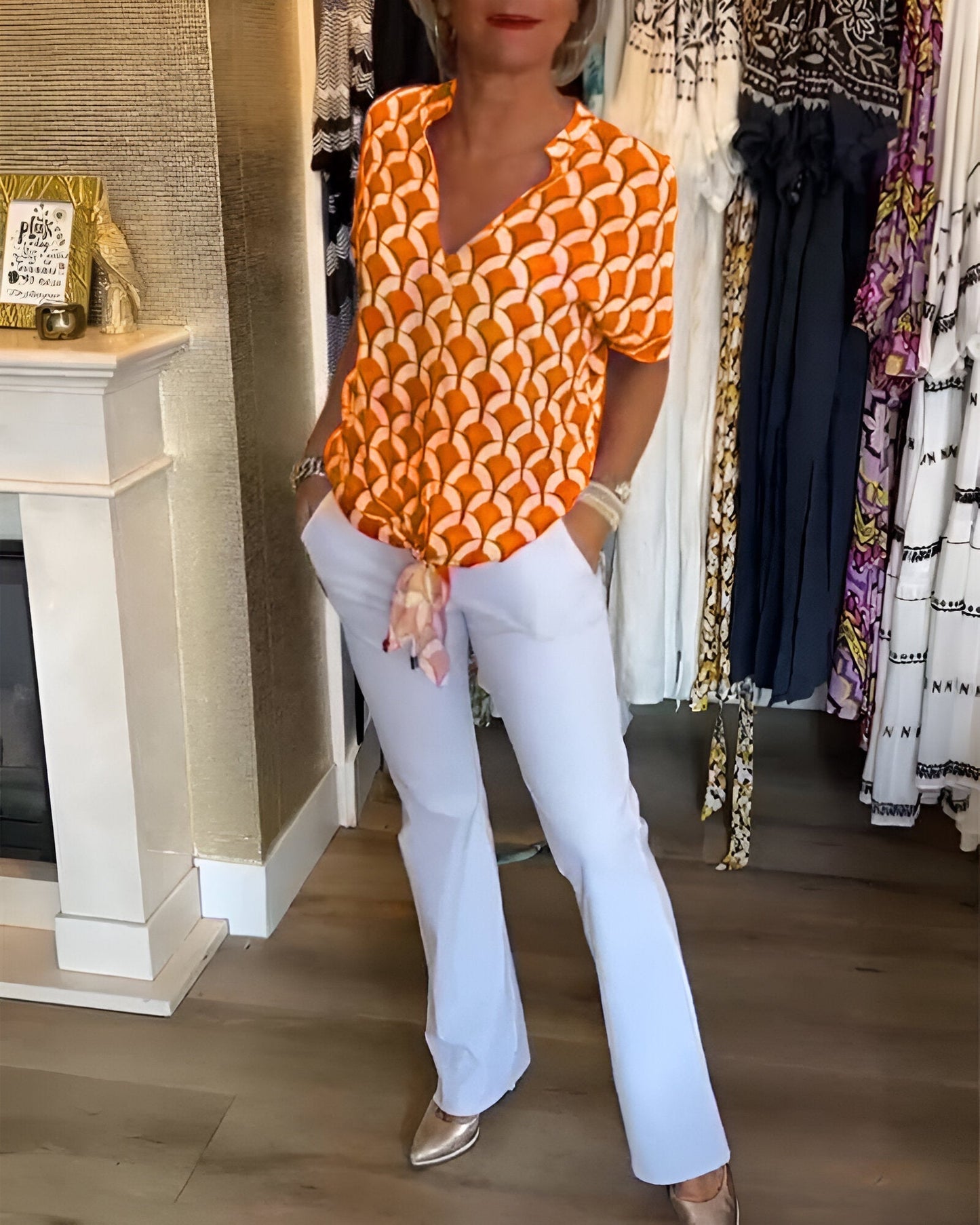 Breayle® | Printed Short Sleeve Blouse With V-Neck