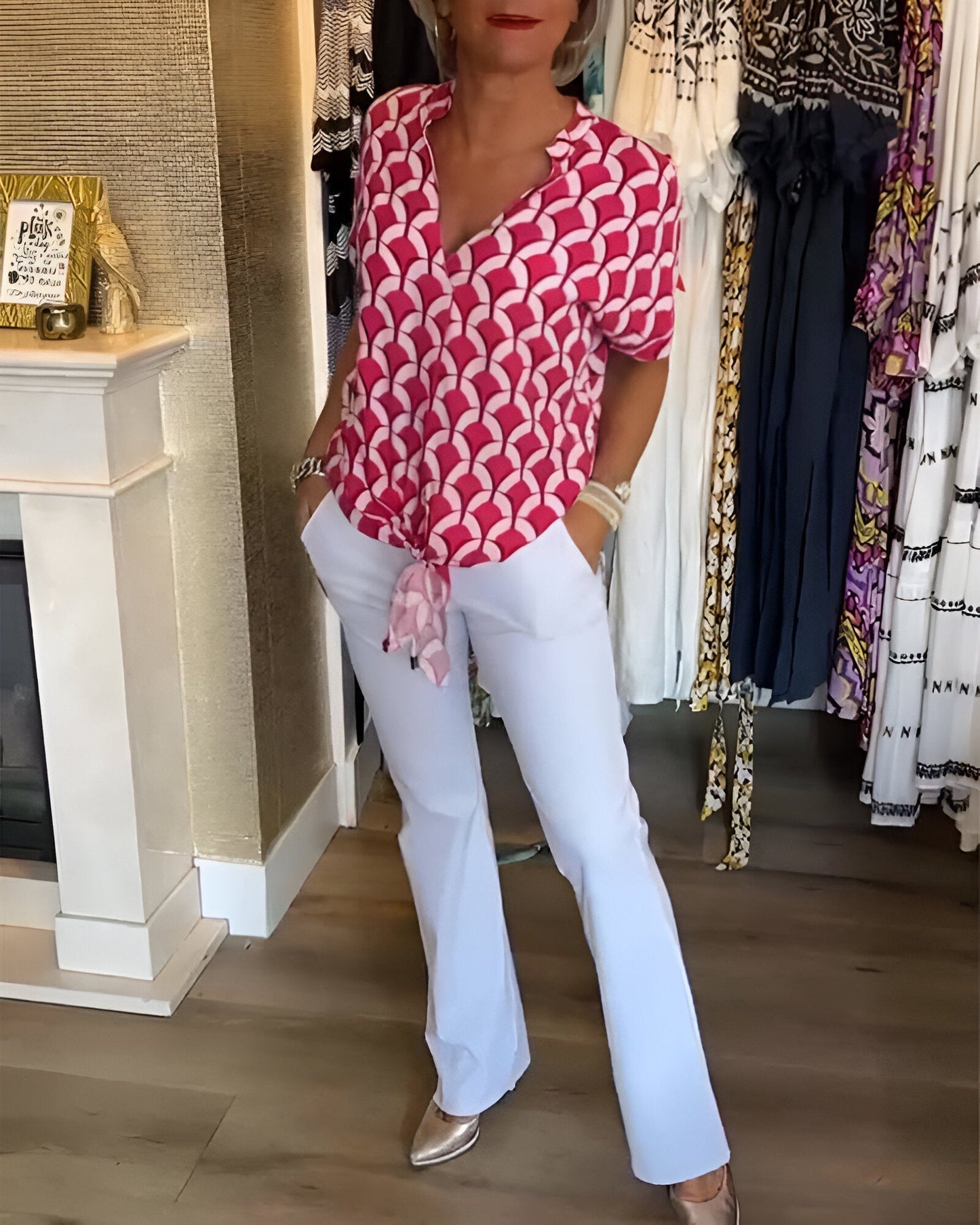 Breayle® | Printed Short Sleeve Blouse With V-Neck