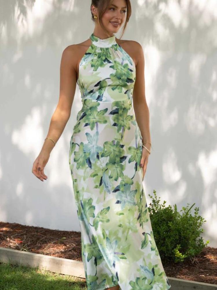 Angélica® | Printed Halterneck Midi Dress In Backless Satin