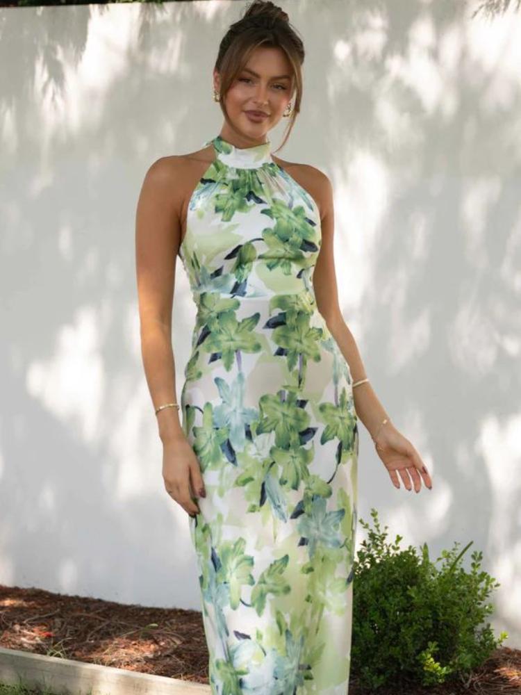 Angélica® | Printed Halterneck Midi Dress In Backless Satin