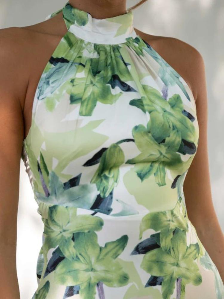Angélica® | Printed Halterneck Midi Dress In Backless Satin