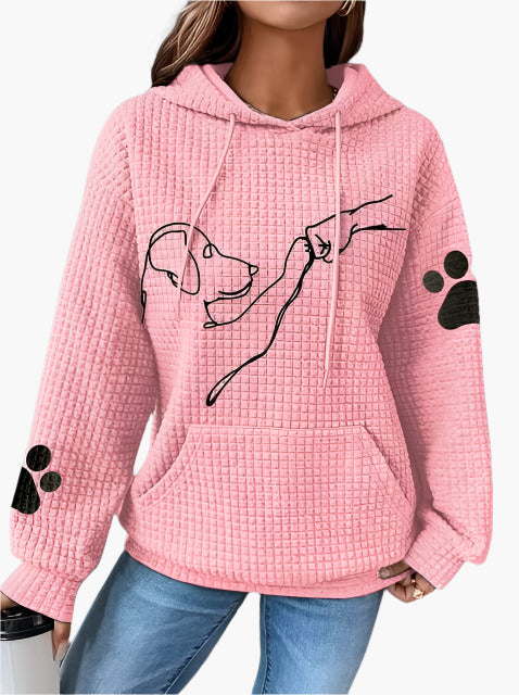 Women’s Hoodie – Waffle Knit – Relaxed Fit – Dog Graphic – Paw Print Sleeves – Kangaroo Pocket