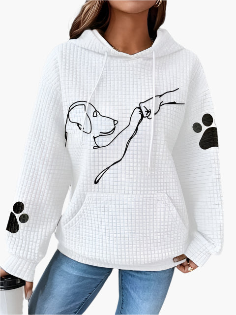 Women’s Hoodie – Waffle Knit – Relaxed Fit – Dog Graphic – Paw Print Sleeves – Kangaroo Pocket