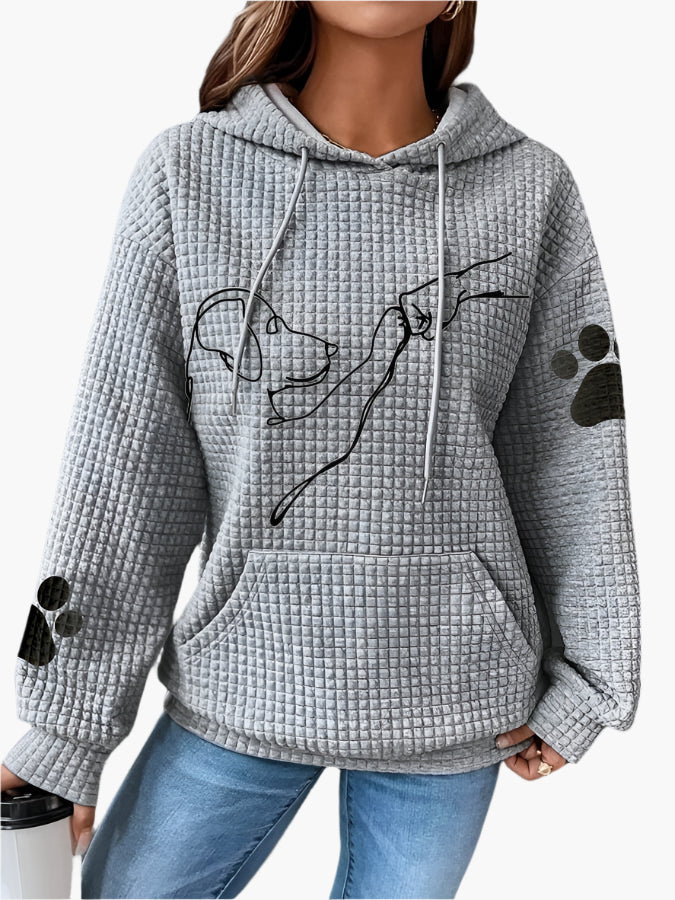 Women’s Hoodie – Waffle Knit – Relaxed Fit – Dog Graphic – Paw Print Sleeves – Kangaroo Pocket