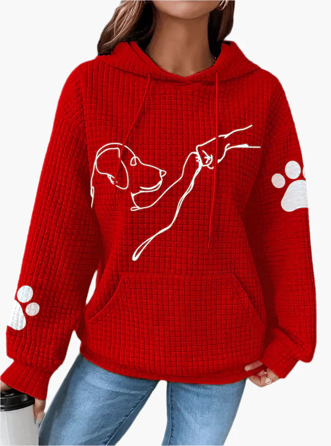 Women’s Hoodie – Waffle Knit – Relaxed Fit – Dog Graphic – Paw Print Sleeves – Kangaroo Pocket