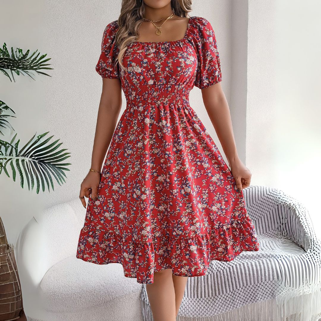 Vestea | Elegant Floral Midi Dress with Puff Sleeves