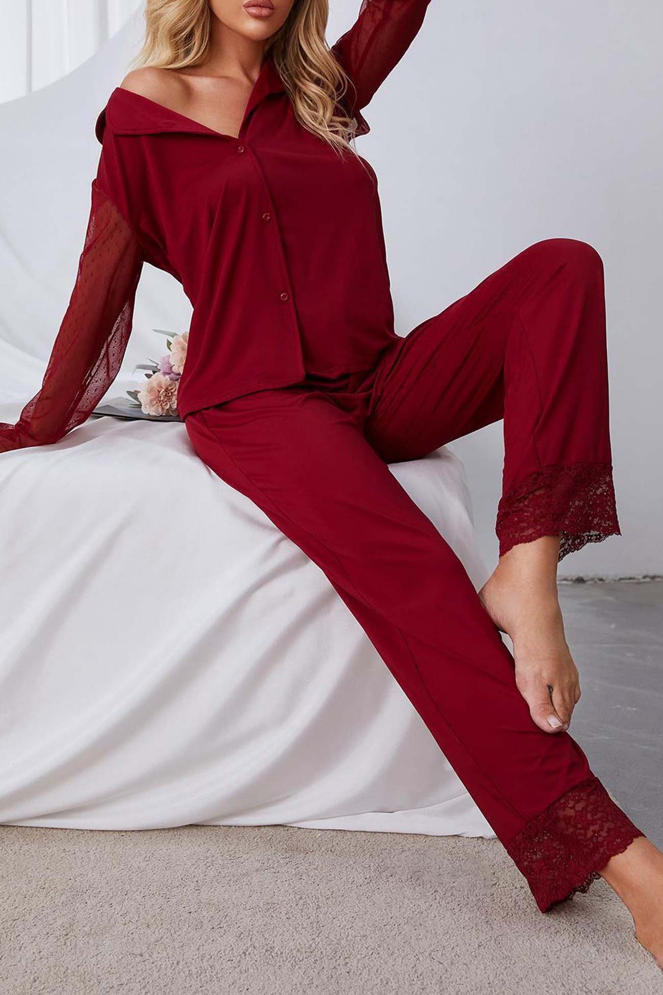 Annabelle® | Mesh lace long sleeve pajama set