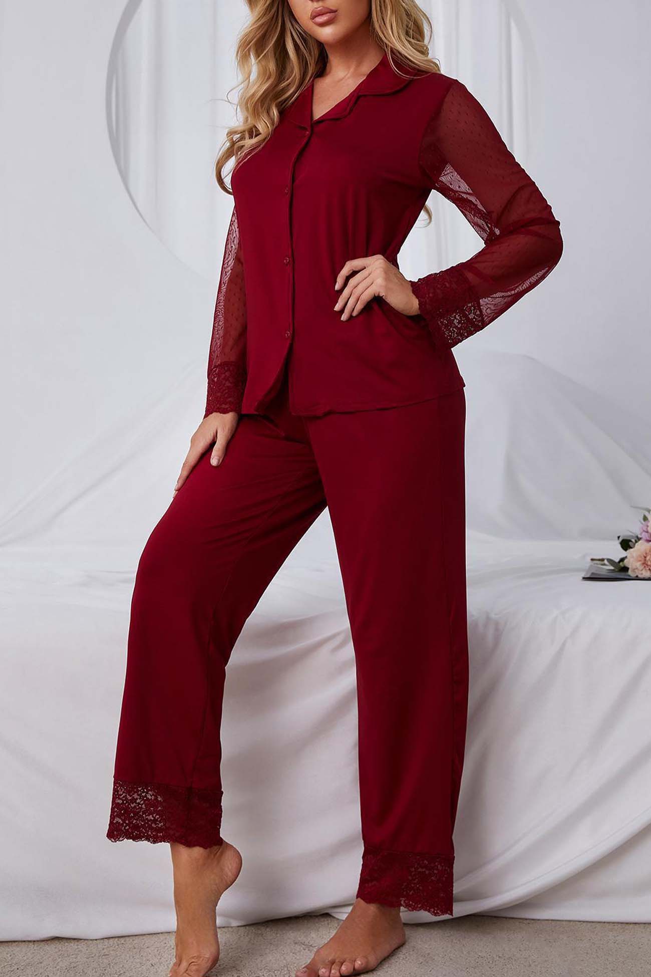 Annabelle® | Mesh lace long sleeve pajama set