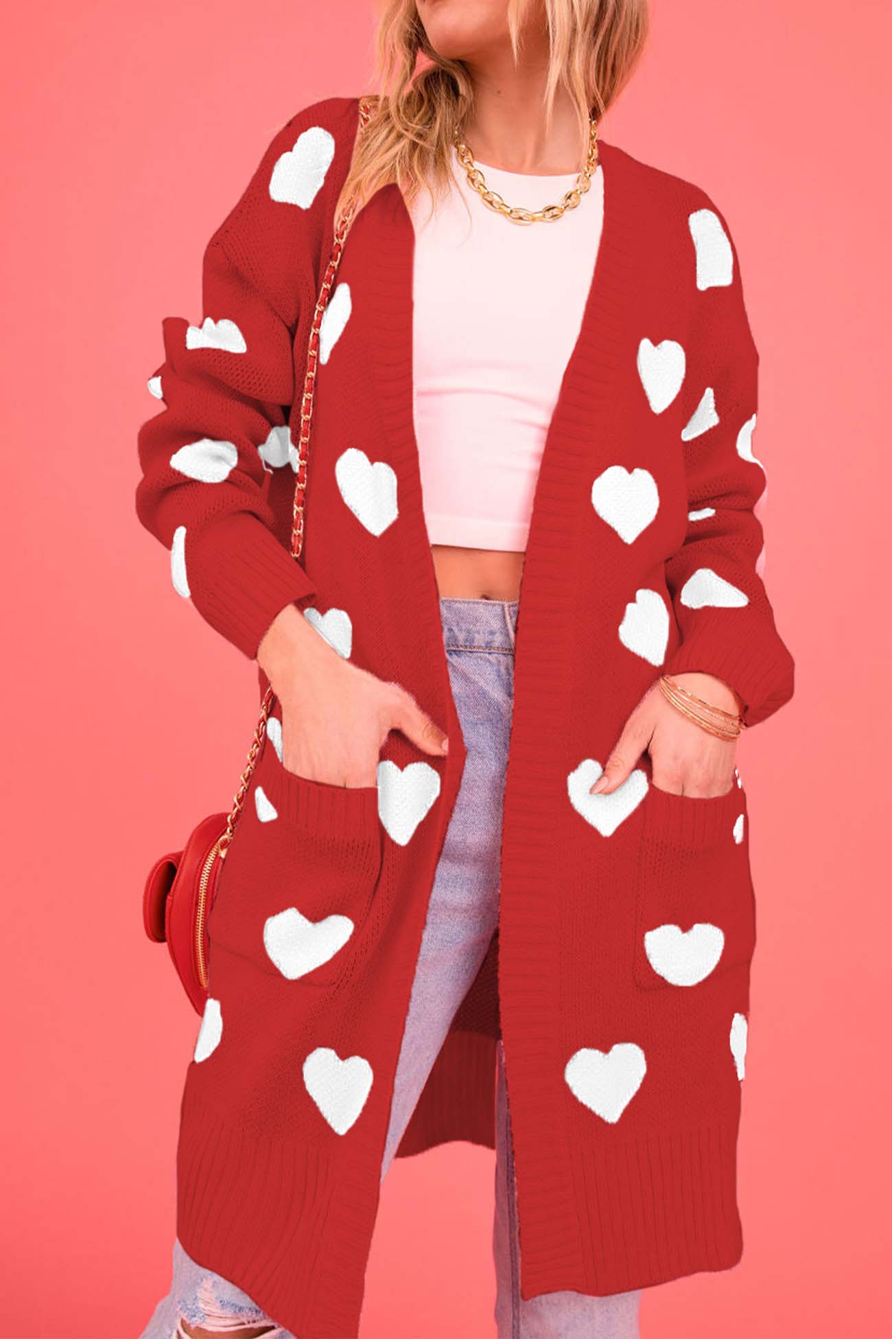 Berta® | Heart Open Front Pocket Long Cardigan