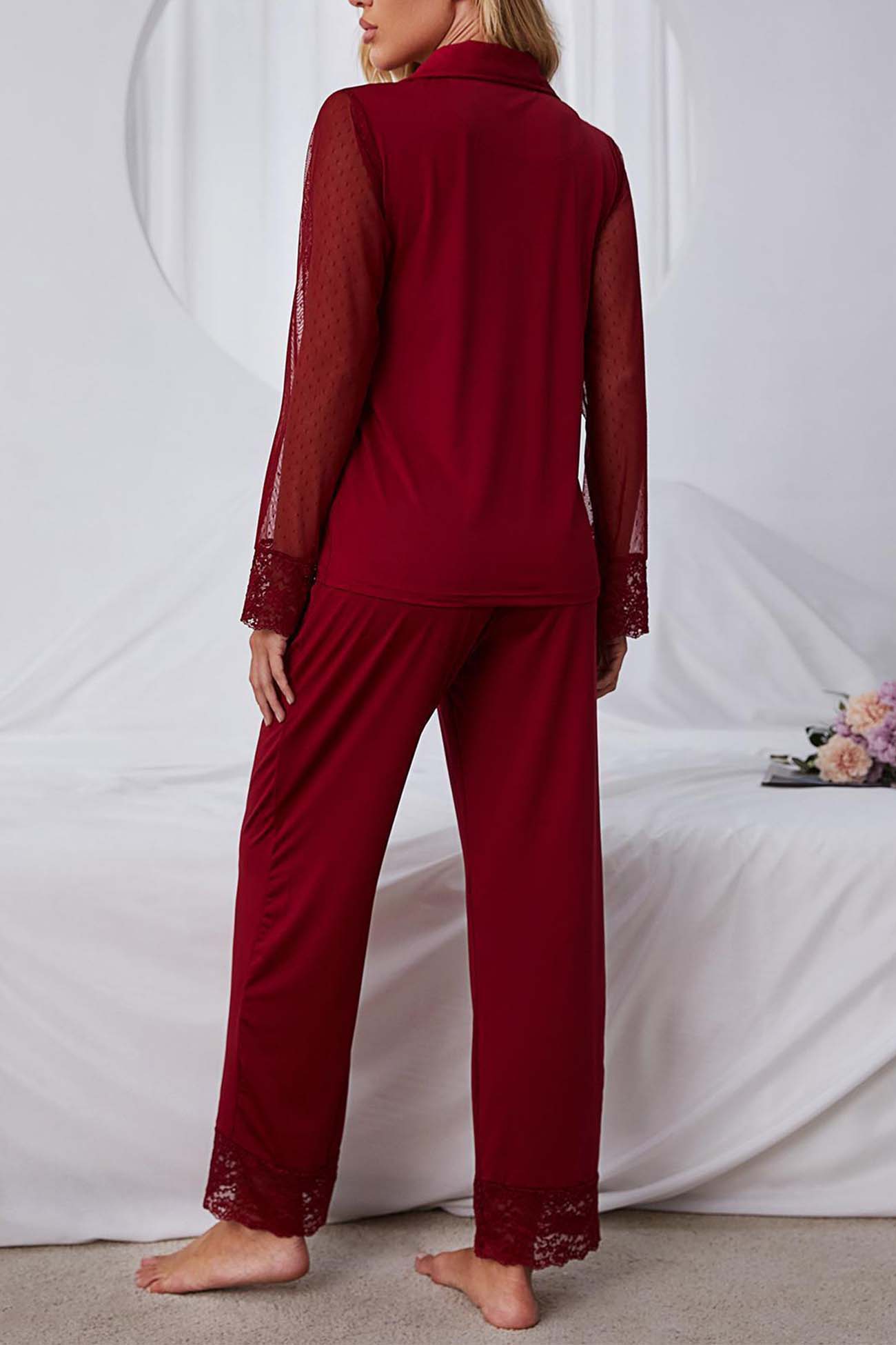 Annabelle® | Mesh lace long sleeve pajama set