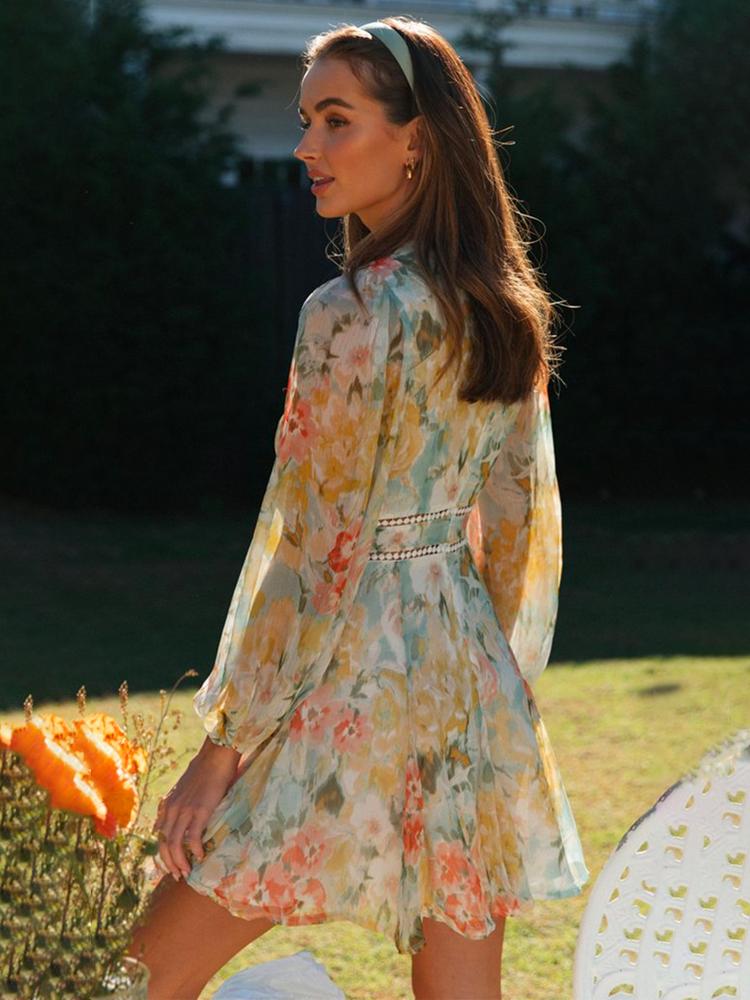Dulce® | Printed mini dress with V-neck and lace workmanship