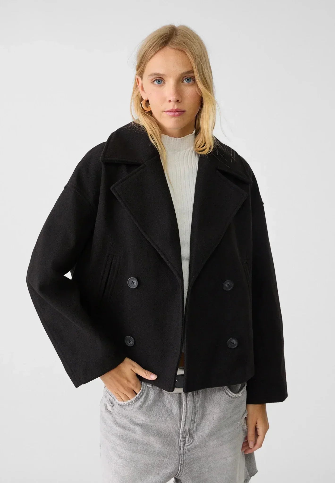 Amanda | Double-Breasted Cropped Jacket - Wool Look - Oversized Fit
