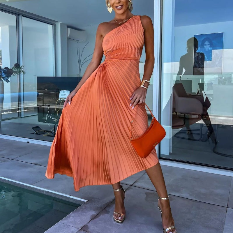 Antonia® | One-Shoulder Pleated Maxi Dress With Hemstitching