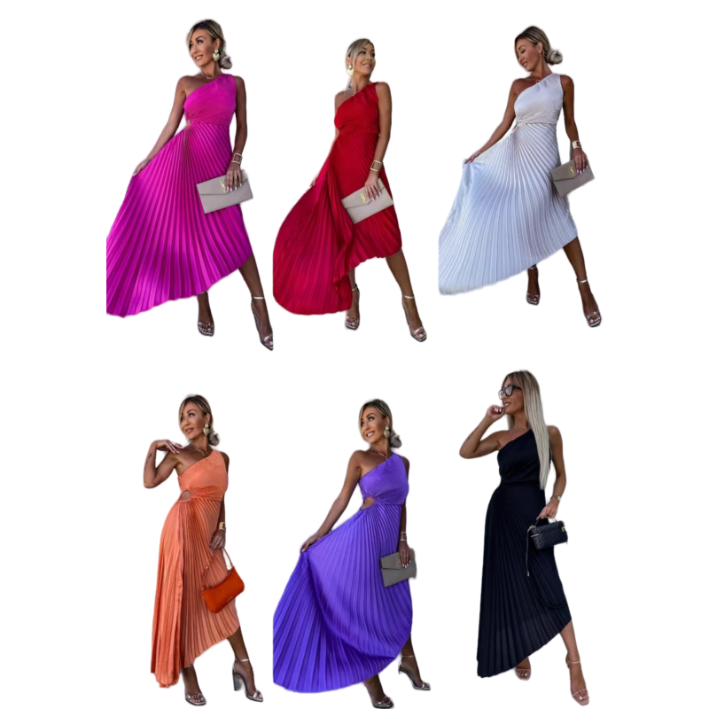 Antonia® | One-Shoulder Pleated Maxi Dress With Hemstitching