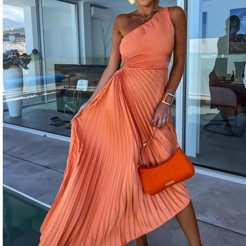 Alejandra® | One-Shoulder Pleated Maxi Dress With Hemstitching