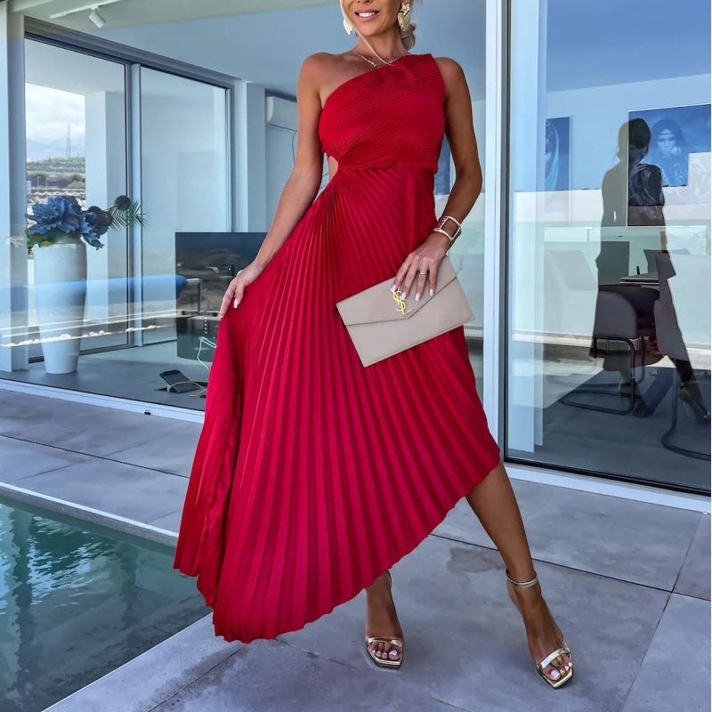 Alejandra® | One-Shoulder Pleated Maxi Dress With Hemstitching