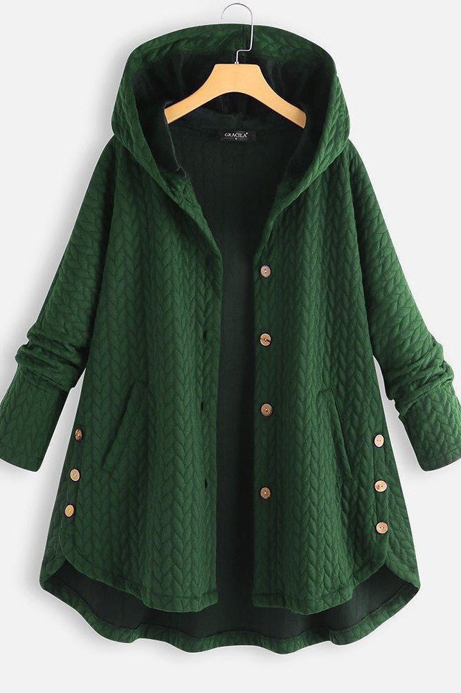 Women’s Hooded Coat – Oversized Fit – Quilted Chevron – Button Down – Side Pockets