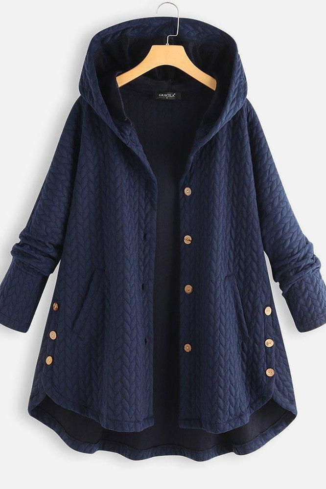 Women’s Hooded Coat – Oversized Fit – Quilted Chevron – Button Down – Side Pockets