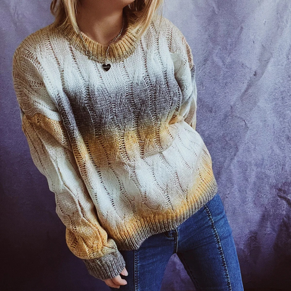 Brigitta® | Women's ribbed denim sweater with a round neckline