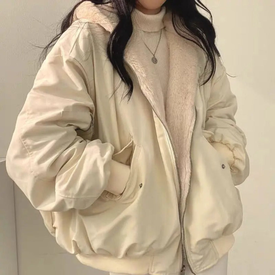Women’s Bomber Jacket – Oversized Relaxed Fit – Plush Hood – Zip Front – Utility Pockets