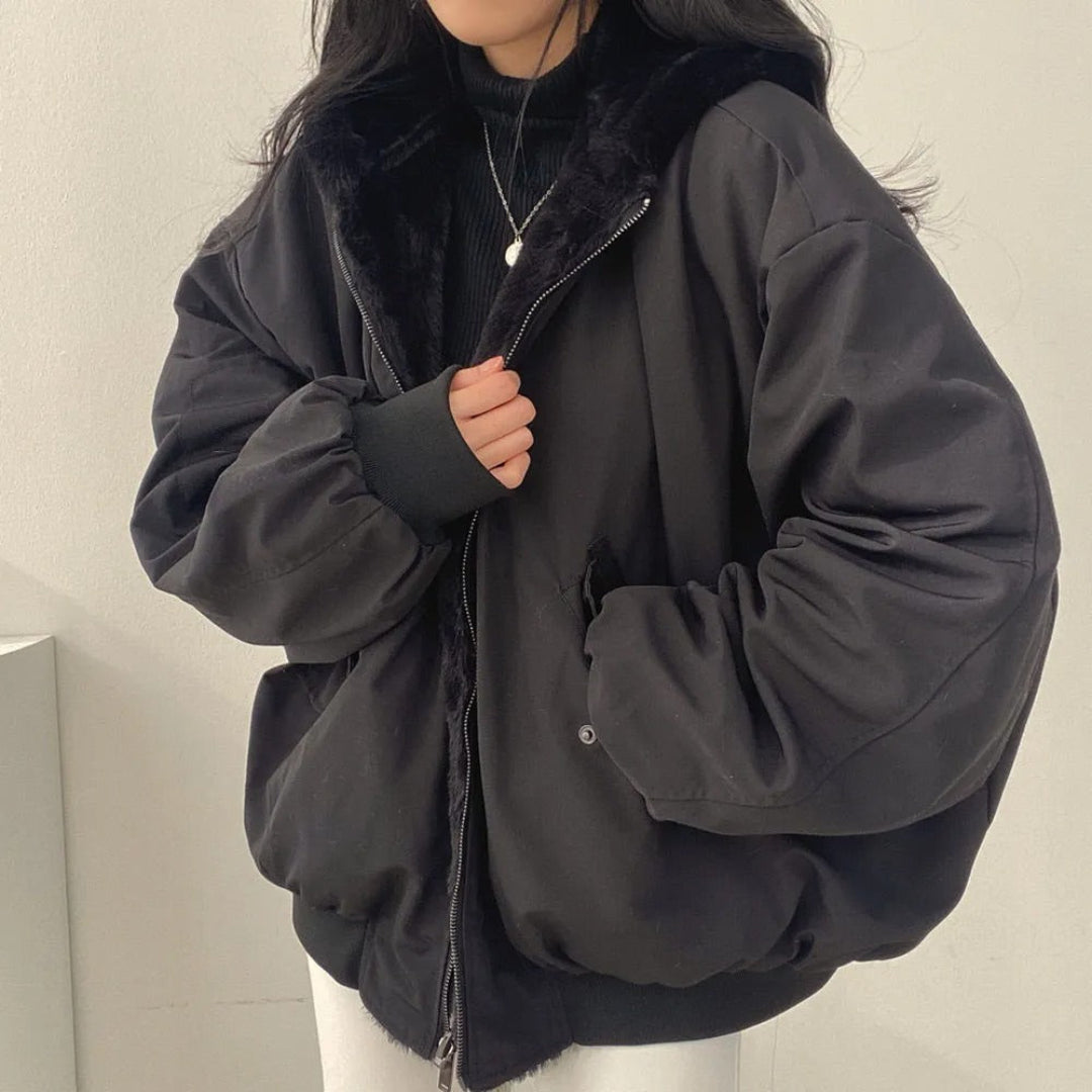 Women’s Bomber Jacket – Oversized Relaxed Fit – Plush Hood – Zip Front – Utility Pockets