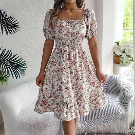 Vestea | Elegant Floral Midi Dress with Puff Sleeves