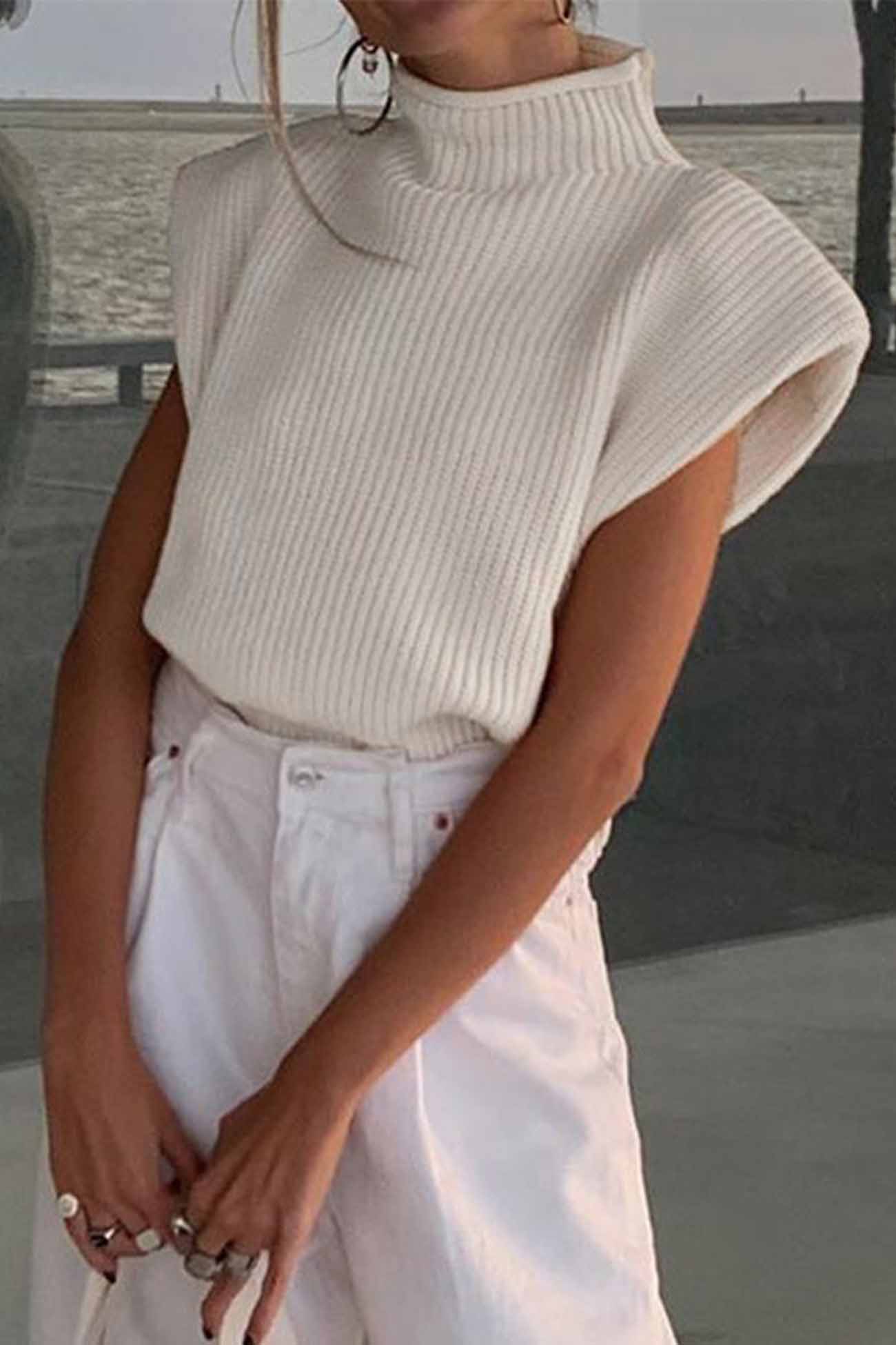 Cristina® | Solid Mock Neck Sleeveless Sweater