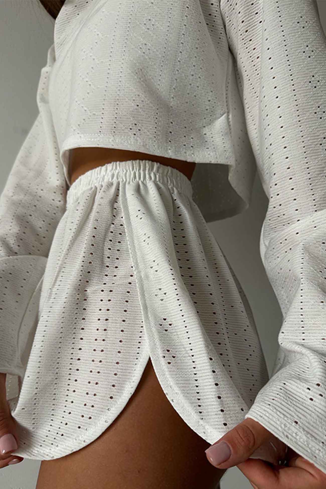 Brigitta® | Two piece set with hollow long sleeve shorts and slits