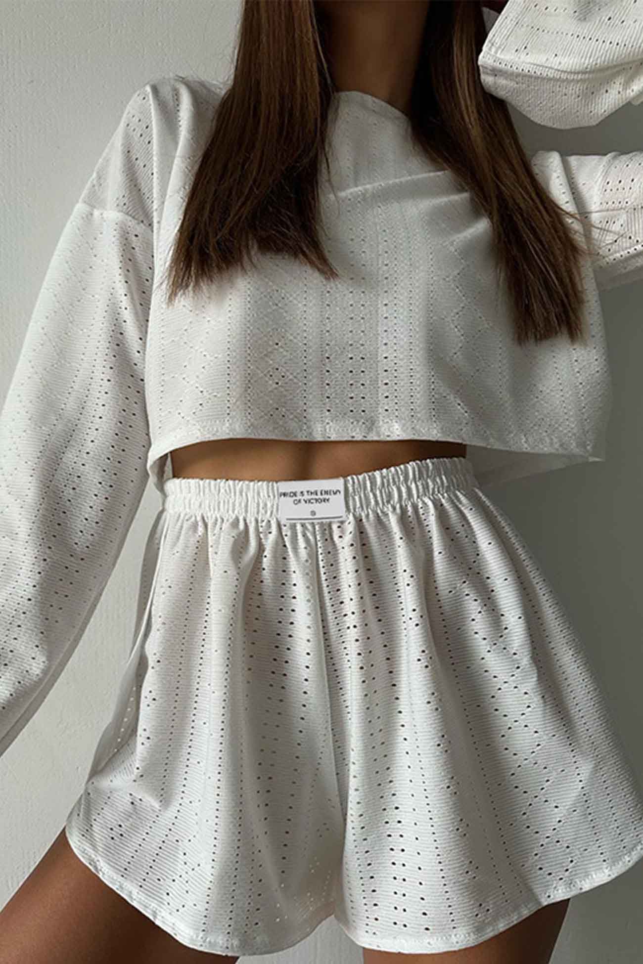 Brigitta® | Two piece set with hollow long sleeve shorts and slits