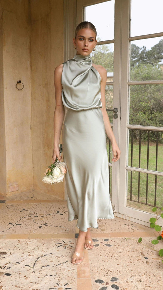Echo® | Elegant satin dress with high collar light gold