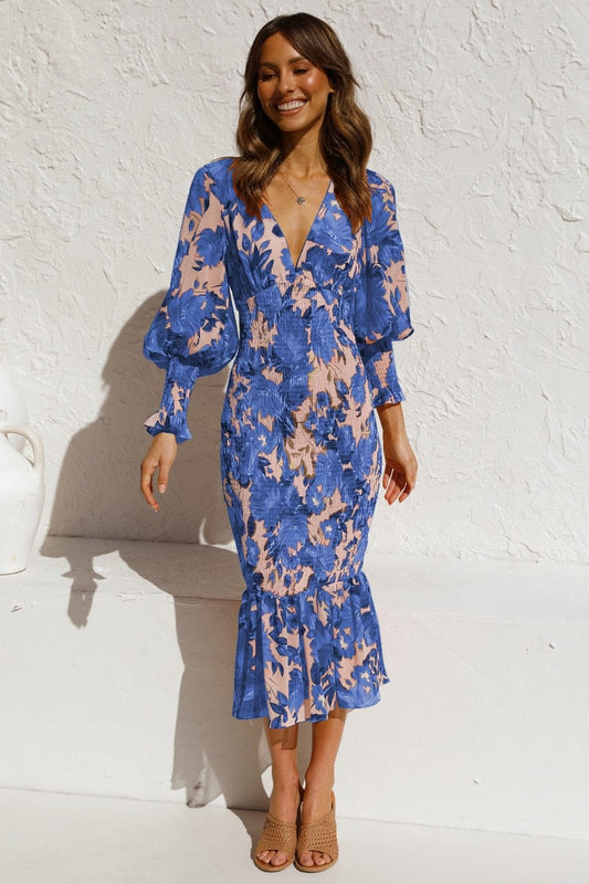 Allegra® | Blue long sleeve dress with elegant print and V-neck
