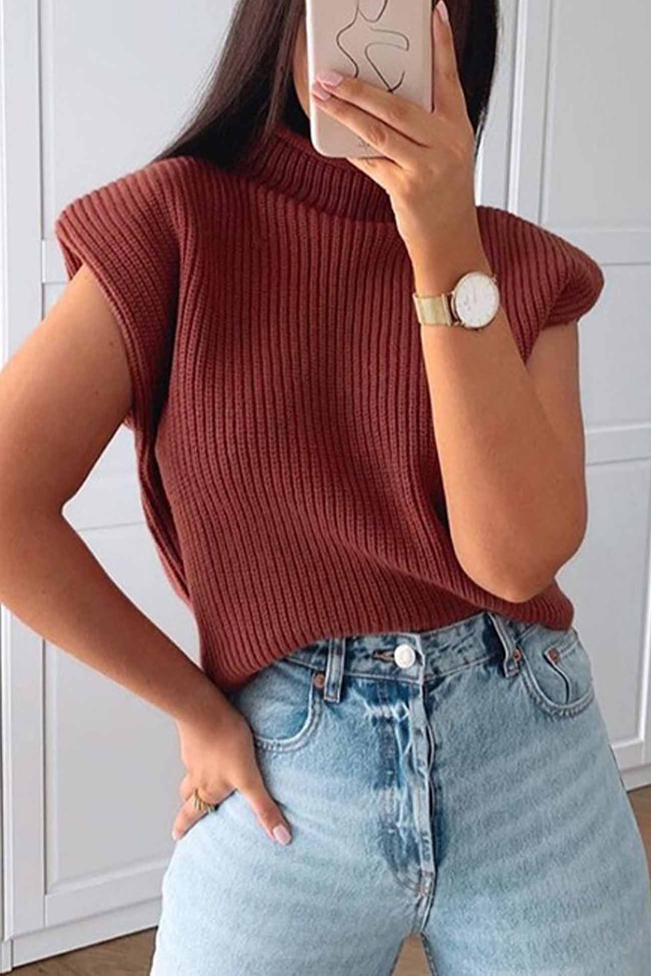 Cristina® | Solid Mock Neck Sleeveless Sweater