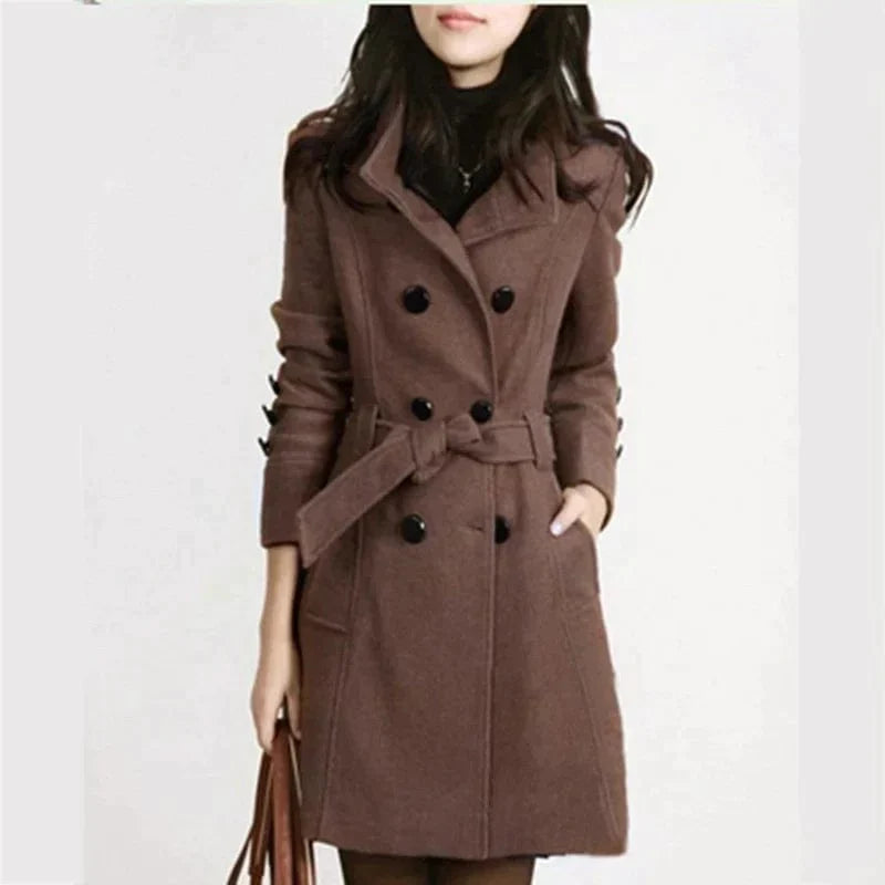 Women’s Long Coat – Wool Blend – Tailored Fit – Belted Waist – Double-Breasted