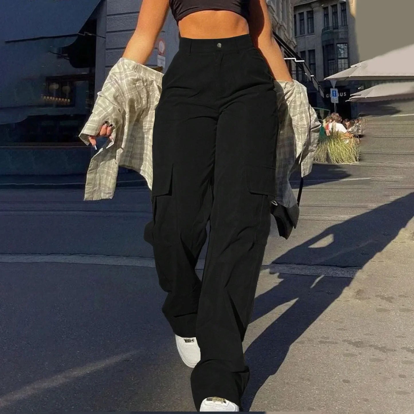 Women’s Cargo Trousers – High Waist – Relaxed Fit –  Utility Pockets – Full Length