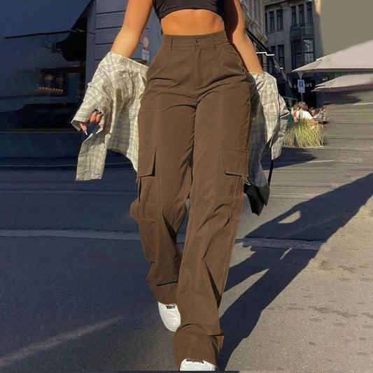 Women’s Cargo Trousers – High Waist – Relaxed Fit –  Utility Pockets – Full Length
