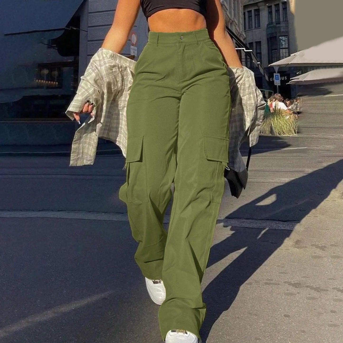 Women’s Cargo Trousers – High Waist – Relaxed Fit –  Utility Pockets – Full Length