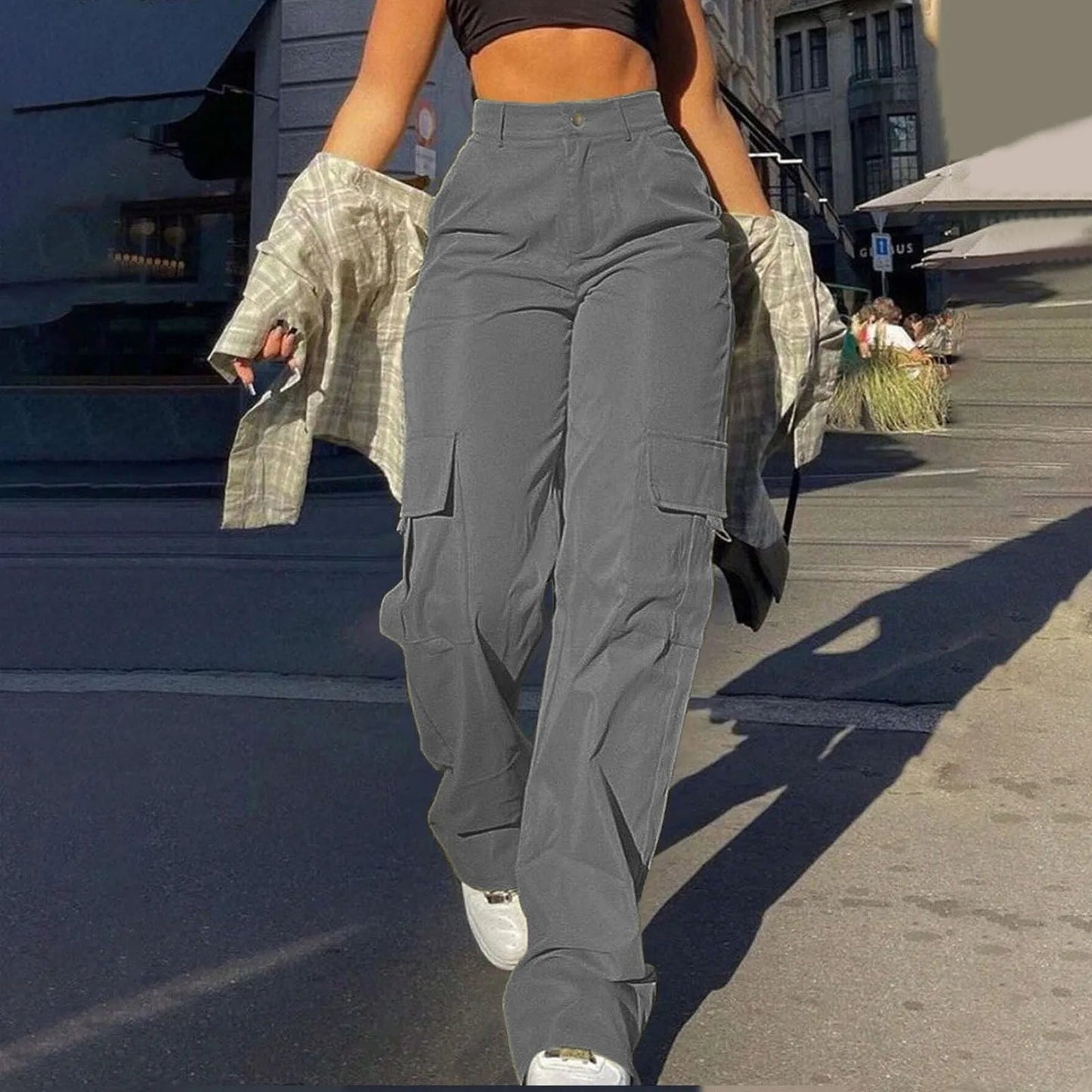 Women’s Cargo Trousers – High Waist – Relaxed Fit –  Utility Pockets – Full Length