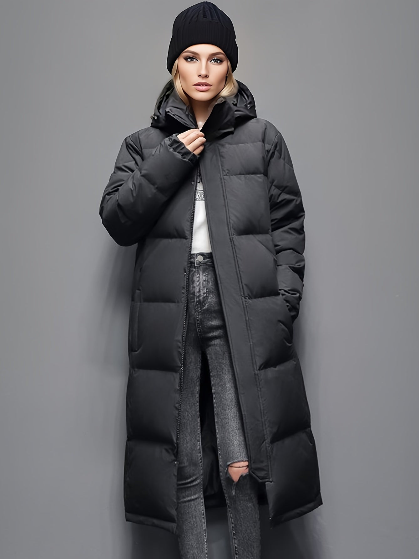 Women’s Long Down Coat – Oversized Fit – Quilted – Hooded – Full Length – Insulated